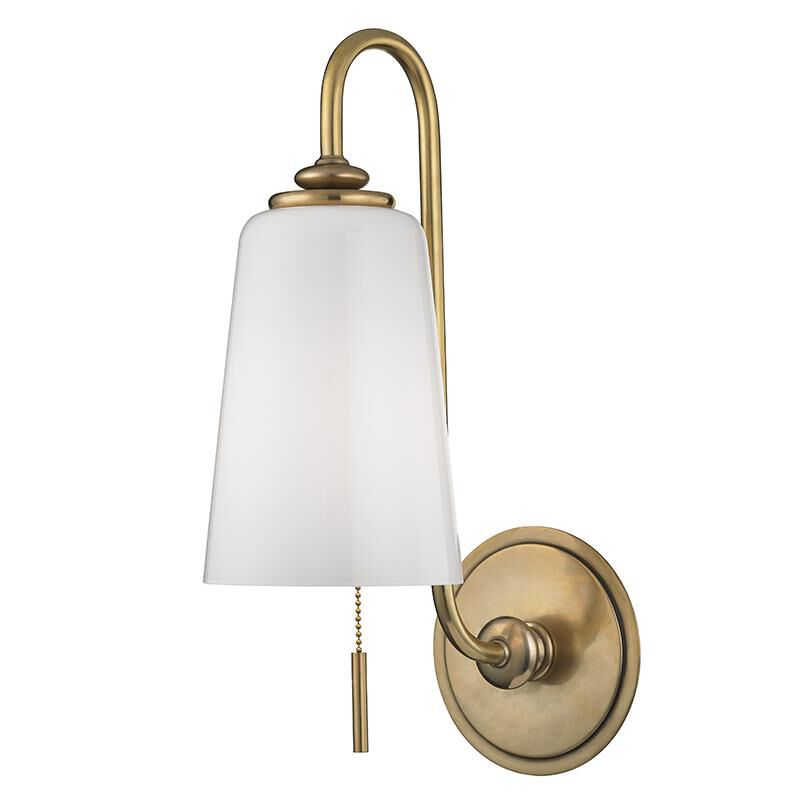 Shown in Aged Brass finish and White glass